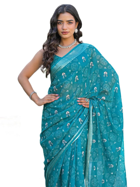 Vasthrlay Womens Printed Unstitched Dark Green Saree