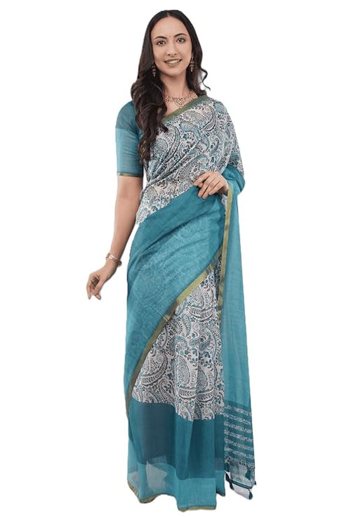 Vasthrlay Off White2 Paisley Printed Linen Saree With Unstitched Blouse Piece