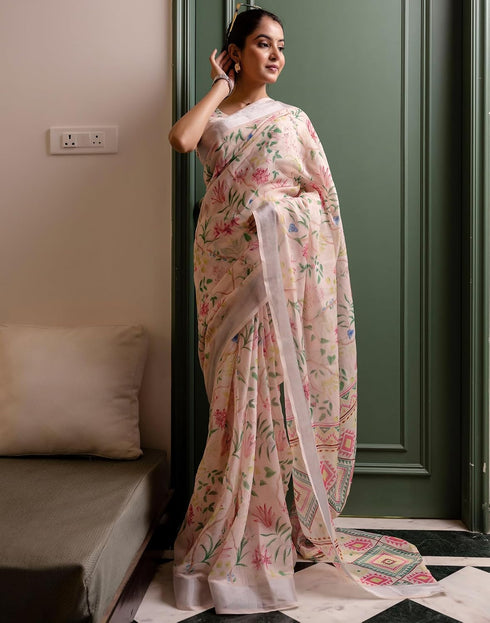 Vasthrlay Womens Printed Unstitched White Saree