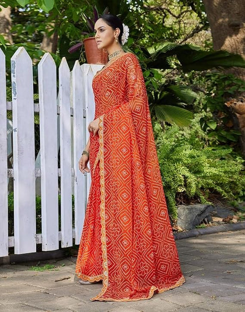 Vasthrlay Georgette Bandhani Orange Saree With Orange | Golden Unstitched Blouse Piece