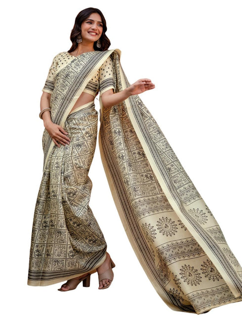 Vasthrlay Womens Printed Unstitched White Saree