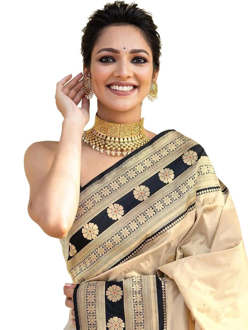 Vasthrlay Womens Weaving Unstitched Cream Saree