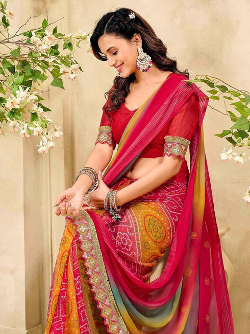 Vasthrlay Georgette Bandhani Unstitched Pink Saree