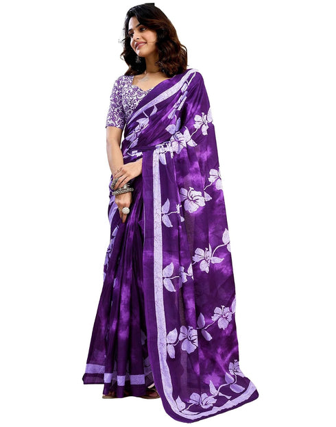Vasthrlay Womens Printed Purple Saree With Unstitched Blouse Piece