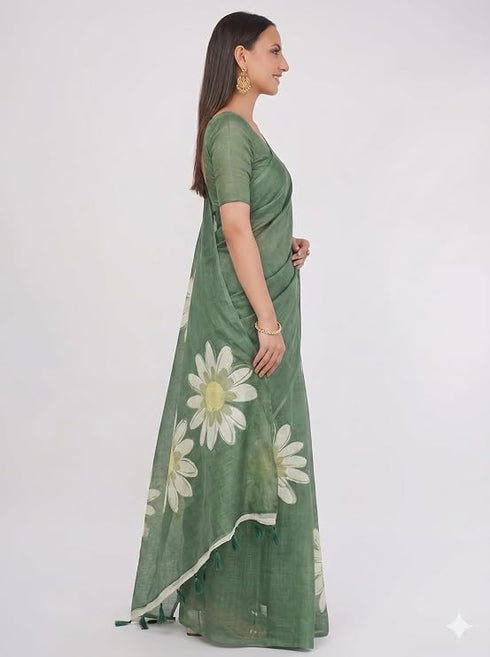 Vasthrlay Printed Green Linen Saree With Unstitched Blouse Piece
