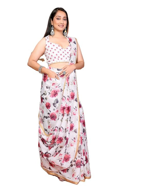 Vasthrlay White Womens Linen Ready To Wear Saree