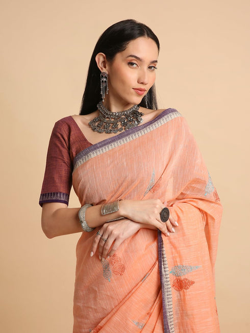 Vasthrlay Handloom Embroidered Apricot Saree