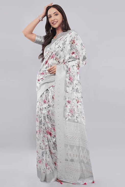 Vasthrlay Off White1 Floral Semi Sheer Chanderi Saree With Champagne Gold Zari Pallu And Unstitched Blouse Piece