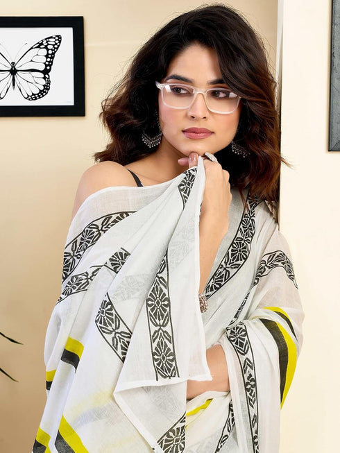 Vasthrlay Womens Printed Unstitched White Saree
