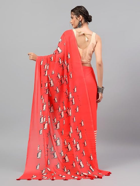 Vasthrlay Red Floral| Solid| Striped Design Georgette Saree With Unstitched Blouse Piece