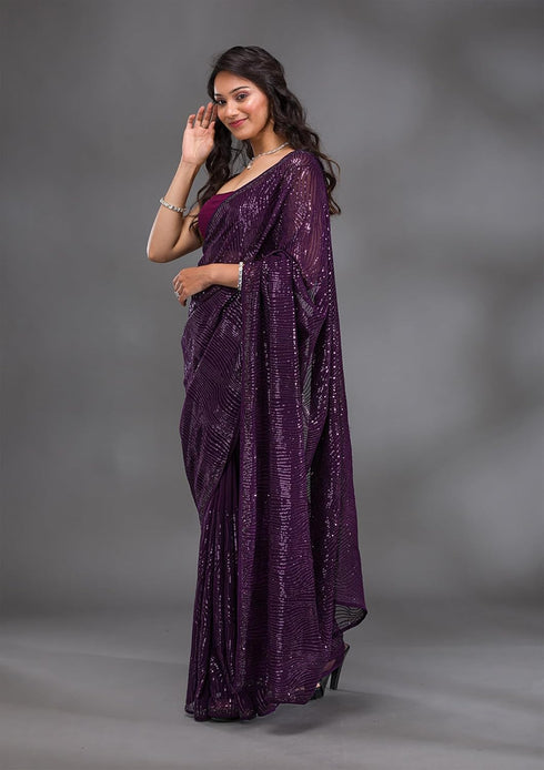 Vasthrlay Georgette Sequence Embroidery Purple Ethnic Wear