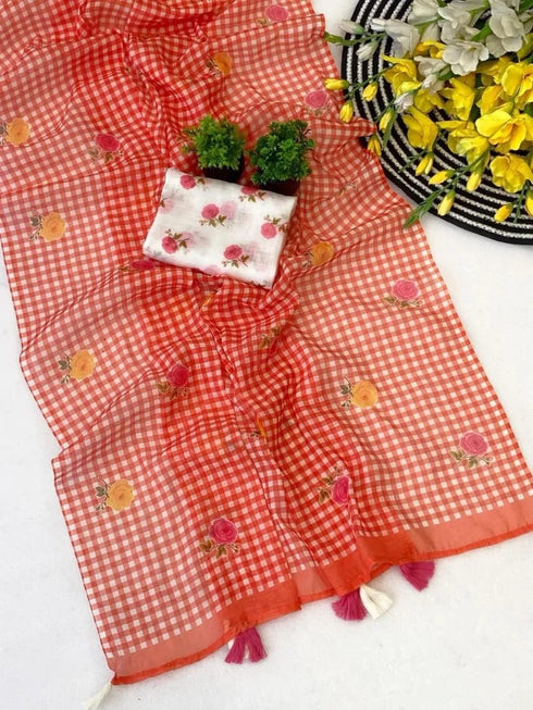 Vasthrlay Checked Pattern Tassels Unstitched