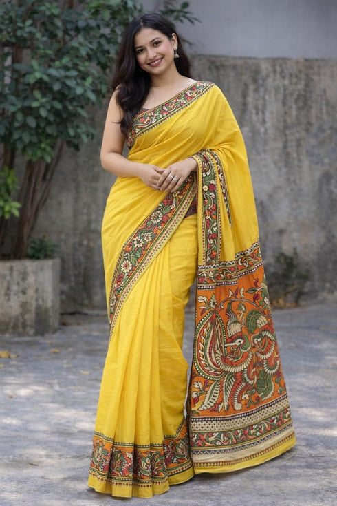 Vasthrlay Kalamkari Printed Yellow Saree with Border Cotton-Linen Blend Traditional Folk Art Motifs