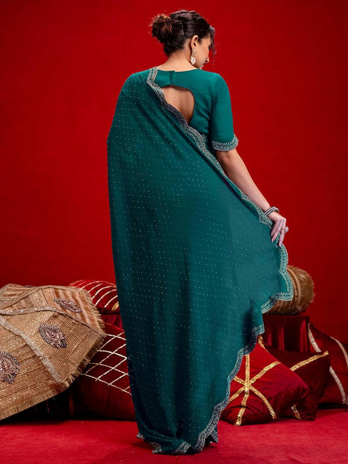 Vasthrlay Georgette Scalloped Navy Navy Blue Saree