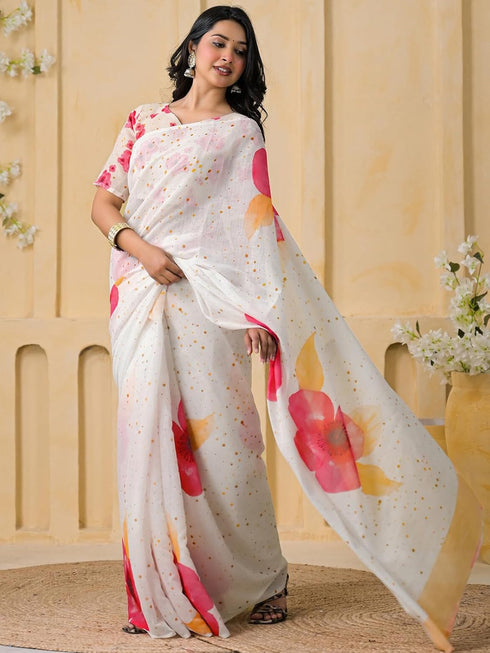 Vasthrlay Womens Printed Unstitched Peach Saree