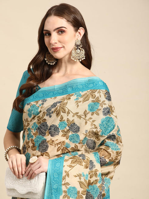 Vasthrlay Cotton Printed Mulmul Blue Saree