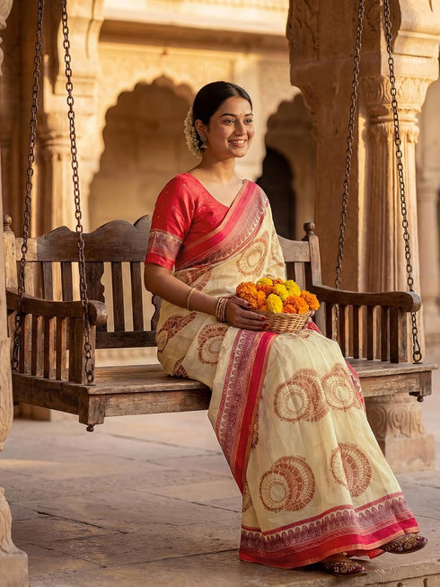 Vasthrlay Printed White Saree