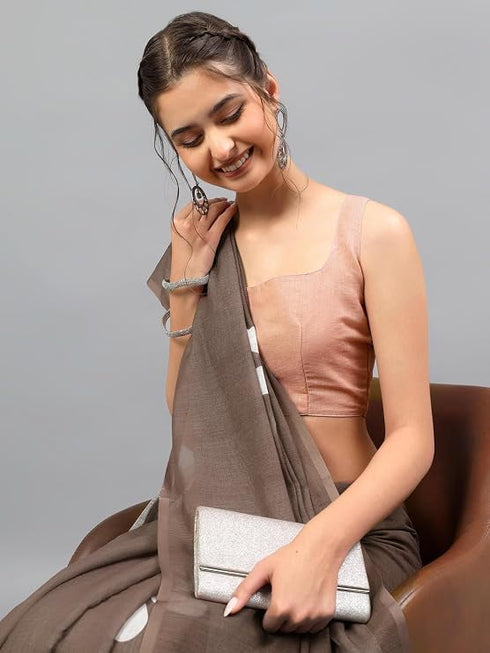 Vasthrlay Brown Womens Ready To Wear One Minute Linen Fabric Saree