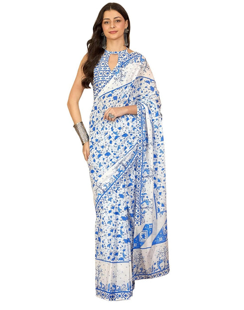 Vasthrlay Womens Printed Unstitched White Saree