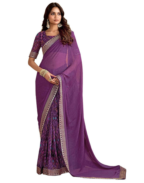 Vasthrlay Georgette Embroidery Purple Saree With Unstitched Blouse Piece