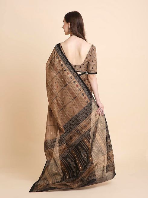 Vasthrlay Cotton Printed Mulmul Brown Saree
