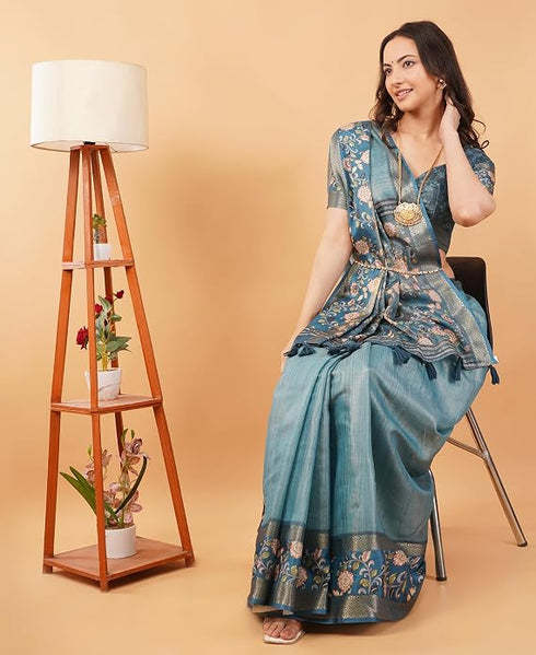 Vasthrlay Teal Blue Textured Polyester Saree With Kalamkari Floral Border And Ruched Unstitched Blouse Piece
