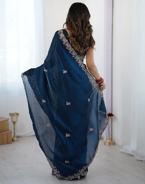 Vasthrlay Scalloped Embroidery Unstitched Rani Pink Saree