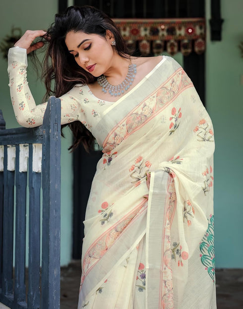 Vasthrlay Womens Printed Unstitched Light Green Saree