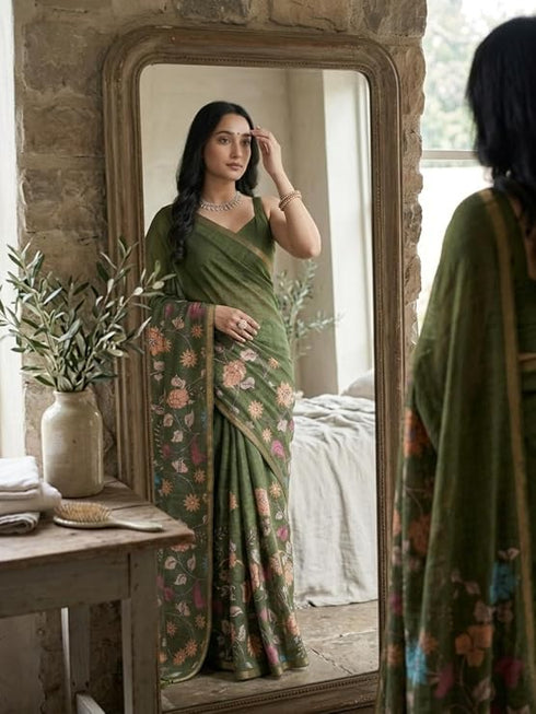 Vasthrlay Multicolour Floral Linen Saree With Solid Black Unstitched Blouse
