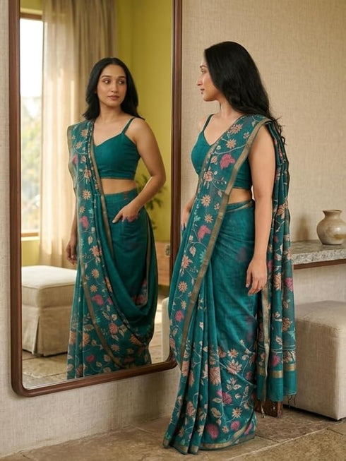 Vasthrlay Turquoise Floral Print Ready To Wear Linen Saree