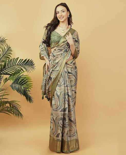 Vasthrlay Mehendi Green Geometric Print Polyester Saree With Dull Gold Zari Border And Unstitched Blouse Piece