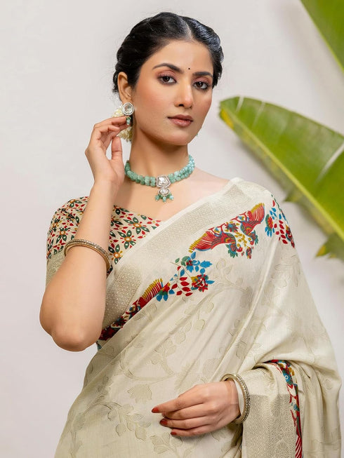 Vasthrlay Weaving Printed Off White Off White Saree