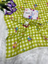 Vasthrlay Linen Saree Parrot Green and White Checks with Floral Print |Tassel Border And Cotton Lace