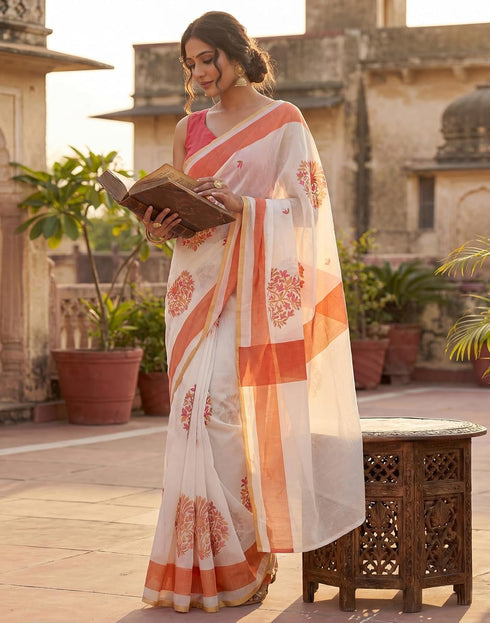 Vasthrlay Womens Printed Unstitched Peach Saree