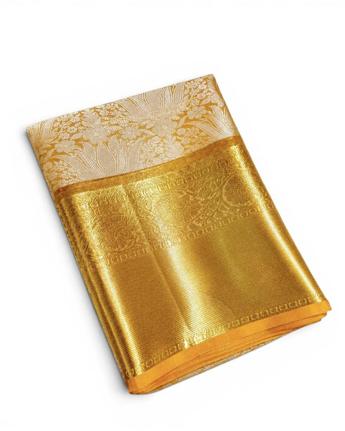 Vasthrlay Banarasi Kanjivaram Tissue Silk Cream and Gold Woven Zari Border Saree