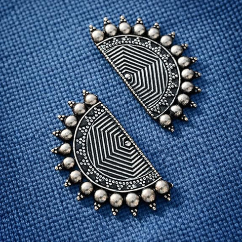 Oxidized Silver Earrings Half Moon Geometric Tribal Design