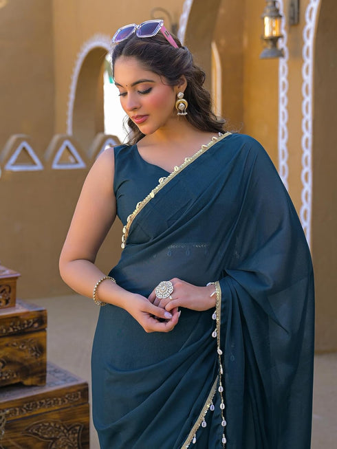 Vasthrlay Chiffon Scalloped Coffee Saree