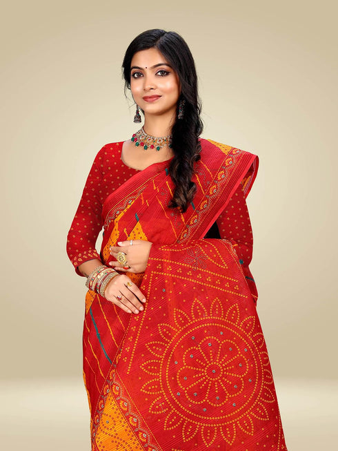 Vasthrlay Bandhani Swarovski Traditional Red Saree