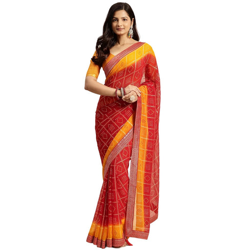 Vasthrlay Chiffon Bandhani Printed Yellow Saree