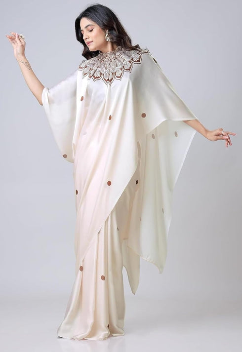 Vasthrlay Printed Kaftan Freehand Cream Soft Satin Saree