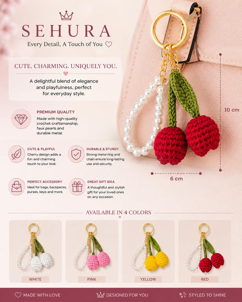 Handmade Tulip Crochet Keychain with Pearl String, Cute Flower Keyring Bag Charm