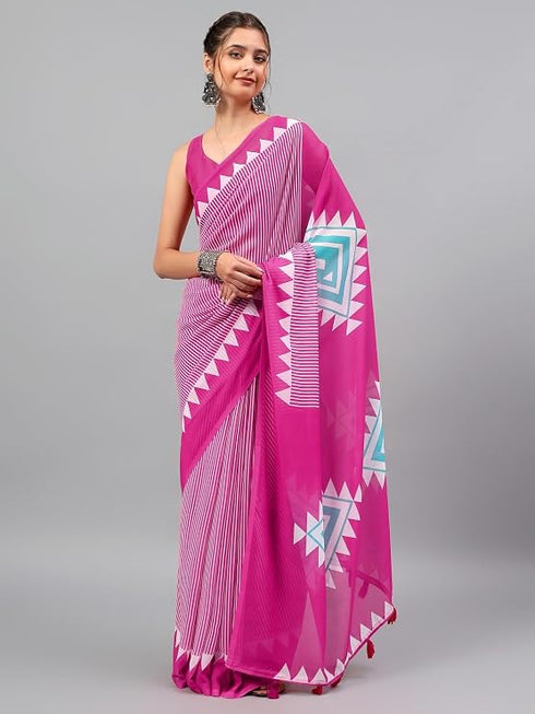 Vasthrlay Pink Floral| Solid| Striped Design Georgette Saree With Unstitched Blouse Piece