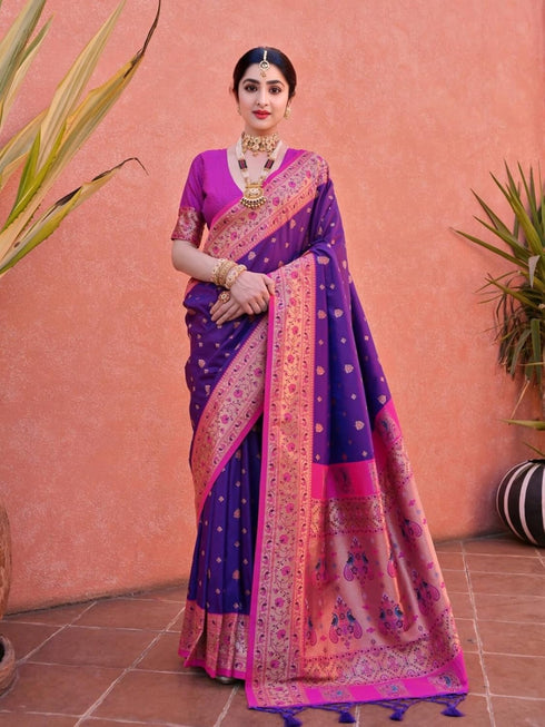 Vasthrlay Women's Paithani Unstitched Blouse Saree