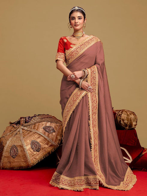 Vasthrlay Vichitra Embroidery Unstitched Red Saree