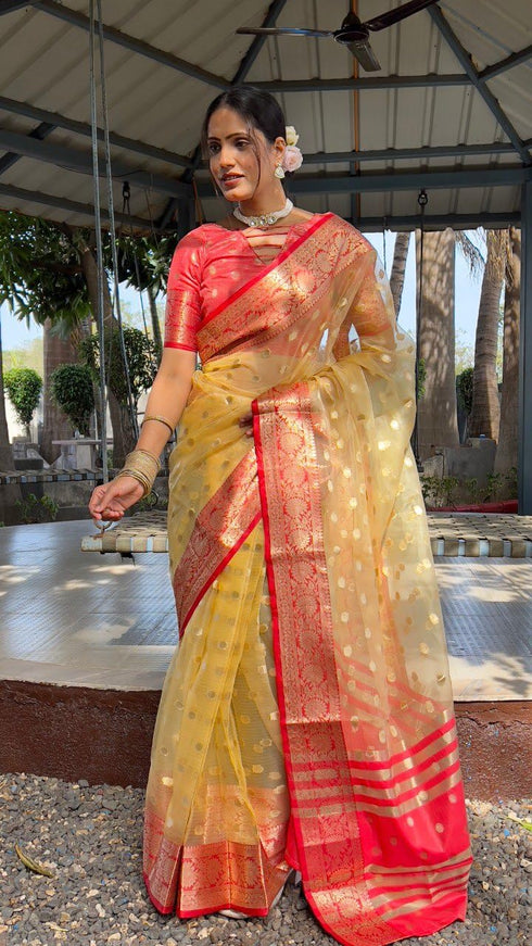 Vasthrlay Organza Golden Traditional Pinkpink