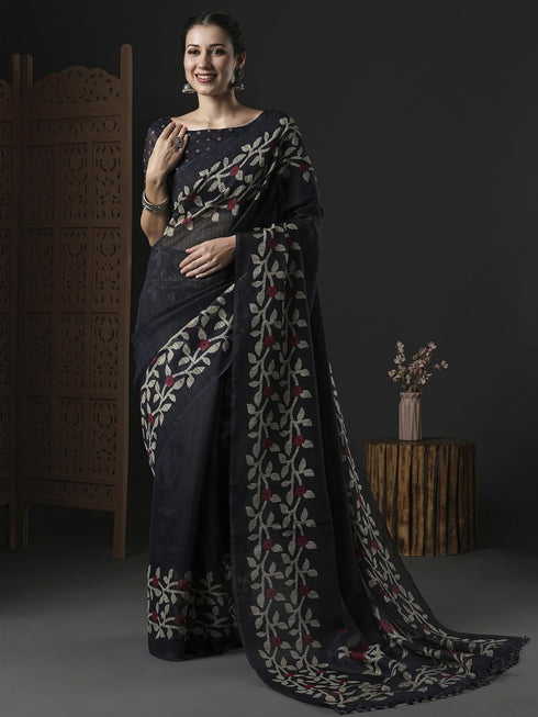 Vasthrlay Botanical Printed Unstitched Black Hs Ethnic Wear
