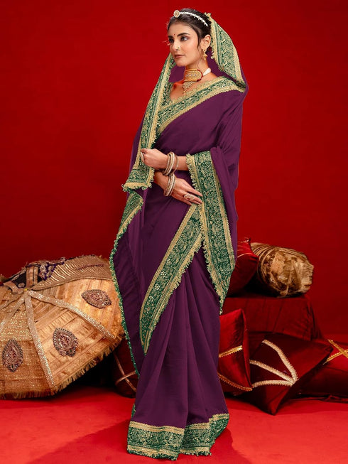Vasthrlay Vichitra Embroidery Unstitched Red Saree