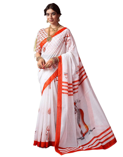 Vasthrlay Womens Printed Unstitched White Saree