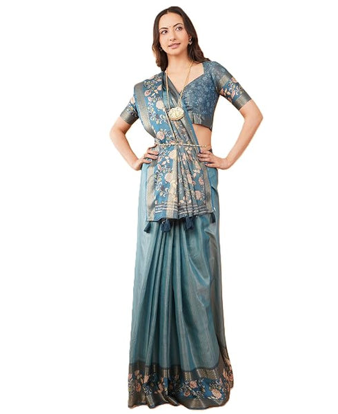 Vasthrlay Teal Blue Textured Polyester Saree With Kalamkari Floral Border And Ruched Unstitched Blouse Piece