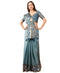 Vasthrlay Teal Blue Textured Polyester Saree With Kalamkari Floral Border And Ruched Unstitched Blouse Piece
